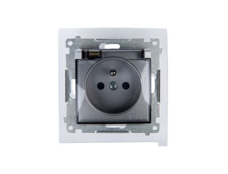 Simon 54 Gniazdo bryzgoszczelne z/u IP44 z przesłoną torów i klapką transparentną srebrny mat DGZ1BZ.01/43A