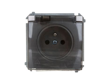 Simon Basic Gniazdo bryzgoszczelne z/u IP44 z przesłoną torów i klapką stal inox BMGZ1Bz.01/21a