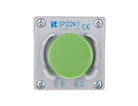 Kaseta sterownicza 1-otworowa przycisk grzybkowy z osłoną zielony 1Z szara IP65 SP22K1\26-1