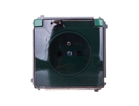 Simon Basic Gniazdo bryzgoszczelne z/u IP44 z przesłoną torów i klapką dymną zielone BMGZ1Bz.01/33a
