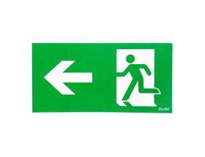 Piktogram PD24 140x300 strzałka w lewo człowiek w drzwiach logo awex (ISO7010)