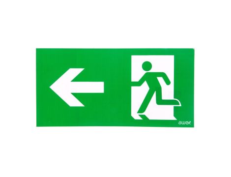 Piktogram PD24 140x300 strzałka w lewo człowiek w drzwiach logo awex (ISO7010)