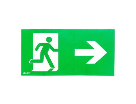Piktogram PD25 150x300 strzałka w prawo człowiek w drzwiach logo awex (ISO7010)