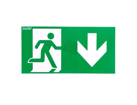 Piktogram PD27 150x300 strzałka w dół z prawej strony, człowiek w drzwiach logo awex (ISO7010)