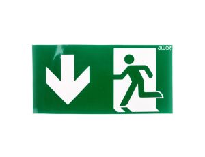 Piktogram PD26 150x300 strzałka w dół z lewej strony, człowiek w drzwiach (ISO7010)