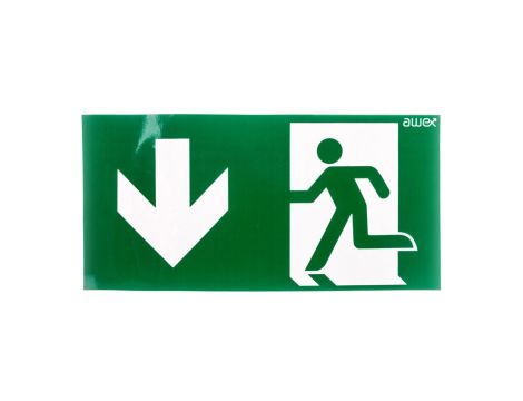 Piktogram PD26 150x300 strzałka w dół z lewej strony, człowiek w drzwiach (ISO7010)