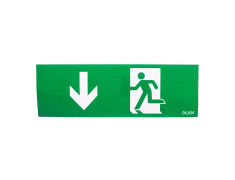 Piktogram PM26 100x300 strzałka dół człowiek w drzwiach logo awex (ISO7010)