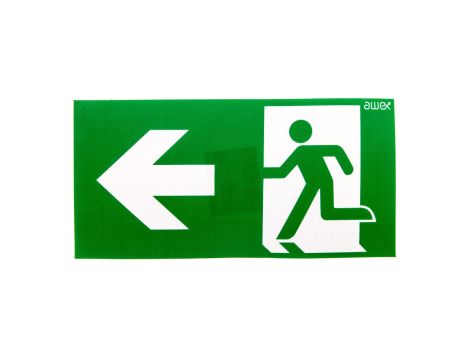 Piktogram PS24 125x250 strzałka lewo człowiek w drzwiach logo awex (ISO7010)