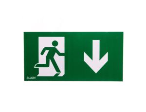 Piktogram PS27 125x250 człowiek w drzwiach strzałka dół logo awex (ISO7010)