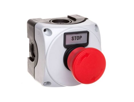 Obudowa szara LPZP1A8 z przyciskiem grzybkowym LPCB6344, odblokowanie przez obrót, etykietą STOP, zestyk 1NZ IP67 LPZP1B802