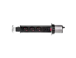 Gniazdo meblowe fi6cm, 3x250V AC wysuwane z blatu z ładowarką USB, blokadą i przewodem 1,8m srebrne OR-AE-1349