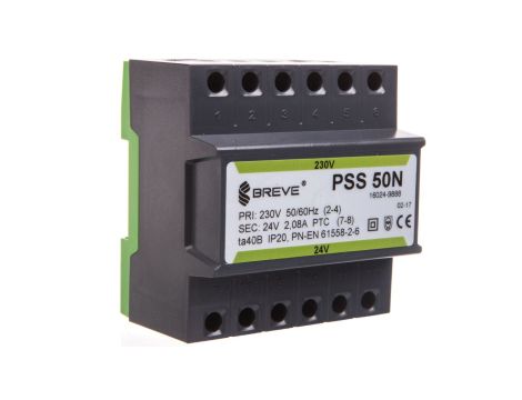Transformator 1-fazowy modułowy bezpieczeństwa PSS 50N 230/ 24V 2,1A, na szynę DIN, IP20, Ta 40, 16024-9888