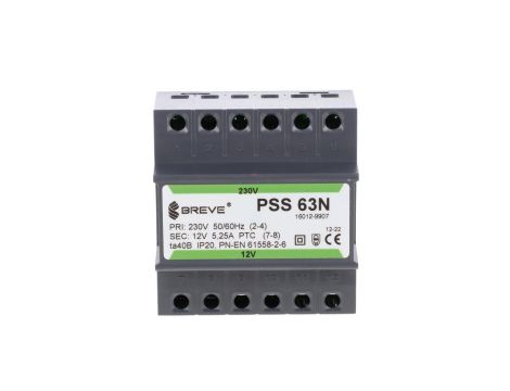 Transformator 1-fazowy modułowy bezpieczeństwa PSS 63N 230/ 12V 5,25A, na szynę DIN, IP20, Ta 40, 16012-9907