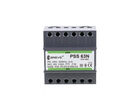 Transformator 1-fazowy modułowy bezpieczeństwa PSS 63N 230/ 24V 2,6A, na szynę DIN, IP20, Ta 40, 16024-9890