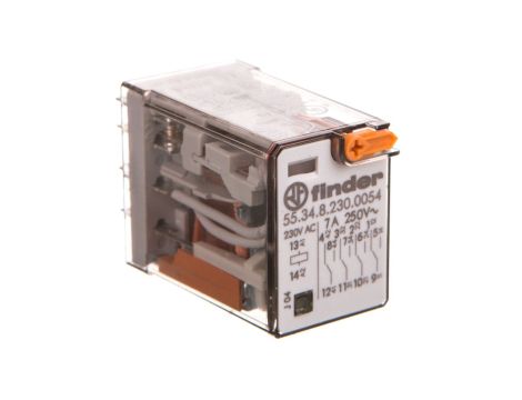 Przekaźnik miniaturowy 4P 7A 230V AC, przycisk testujący, LED, mechaniczny wskaźnik zadziałania 55.34.8.230.0054