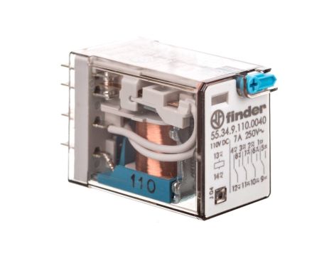 Przekaźnik miniaturowy 4P 7A 110V DC, przycisk testujący, mechaniczny wskaźnik zadziałania 55.34.9.110.0040
