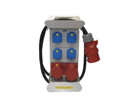 Rozdzielnica budowlana elCARRY C32-1104 IP44 w stojaku, 2m H07RN-F 5G4 z wt. CEE 32A, gniazda: 4x GK 230V, 1x CEE 16A 1x CEE 32A