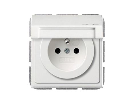 GIRA F100 Gniazdo z bolcem ochronnym i klapką IP44 z przesłonami torów prądowych biały połysk