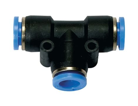 Trójnik pneumatyczny wtykowy typu T do węża fi 10 mm, tworzywo sztuczne