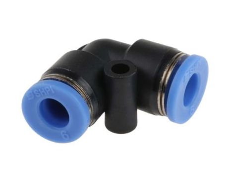 Adapter gwintowany typu kolanko rura – rura, Wciskane 6 mm, Wciskane 6 mm, Żeńskie, Żeńskie, 10 barów