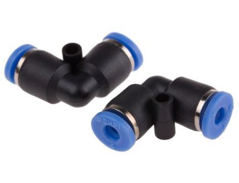 Adapter gwintowany typu kolanko rura – rura, Wciskane 4 mm, Wciskane 4 mm, Żeńskie, Żeńskie, 10 barów