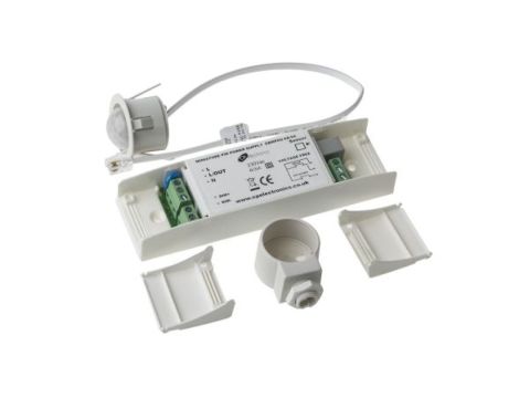 Miniaturowy detektor ruchu PIR, 230 V AC, zasięg 16 m, montaż Sufit, Ø 28mm, Certyfikat CE, EMC-2004/108/WE, zgodność z