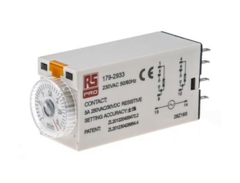 Przekaźnik czasowy zwłoczny jednofunkcyjny 0.1 → 3min DPDT 2-stykowy DPDT 230V ac