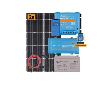 Zestaw: panele słoneczne 2x175W, regulator ładowania MPPT 20A, przetwornica Phoenix 400W i akumulator 110Ah