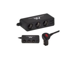 Rozdzielacz gniazda zapalniczki samochodowej czarny gumowany, woltomierz, 3 gniazda zapalniczki, 2xUSB 4,8A, Maclean MCE117, Ma