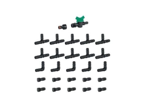 Zestaw akcesoriów do linii kroplującej 16mm (przyłącze, zawór, trójniki, kolanka, zaślepki) 27 elementów BRADAS