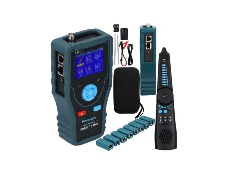 Tester kabli sieciowych RJ45 PREMIUM + 8 terminatorów z funkcją Lokalizatora Par, pomiaru PoE i długości przewodu FORSCHER FS811