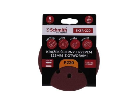 Papier ścierny krążki na rzep z otworami 125mm P220 zestaw 5szt Schmith