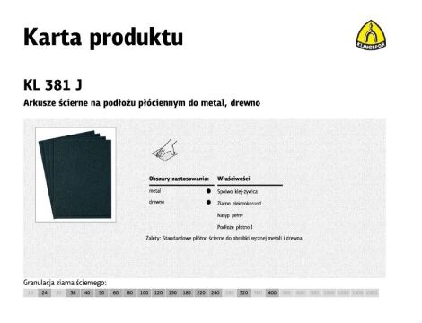 KLINGSPOR ARKUSZE ŚCIERNE NA PODŁOŻU PŁÓCIENNYM 230mm x 280mm KL381J gr.320 /50szt.