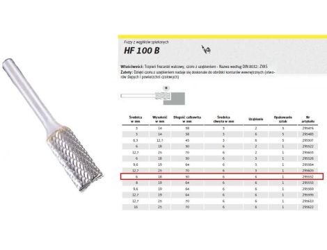 KLINGSPOR FREZ DO METALU HF 100 B FI=6,0x18mm TRZPIEŃ 6mm TYP ZYAS, WALCOWY