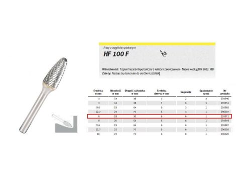 KLINGSPOR FREZ DO METALU HF 100 F FI=6,0x18mm TRZPIEŃ 6mm TYP RBF, HIPERBOLICZNY-POŁOKRĄGŁY - 2