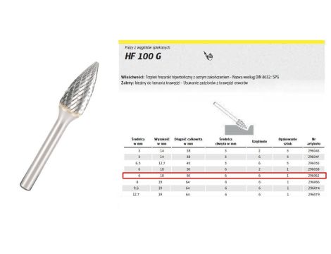 KLINGSPOR FREZ DO METALU HF 100 G FI=6,0x18mm TRZPIEŃ 6mm TYP SPG, HIPERBOLICZNY-SZPIC