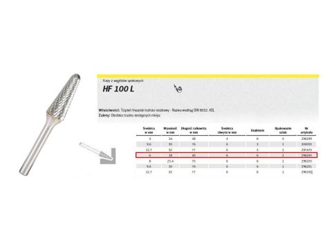 KLINGSPOR FREZ DO METALU HF 100 L FI=6,0x18mm TRZPIEŃ 6mm, TYP:KEL, STOŻKOWO-KULISTY