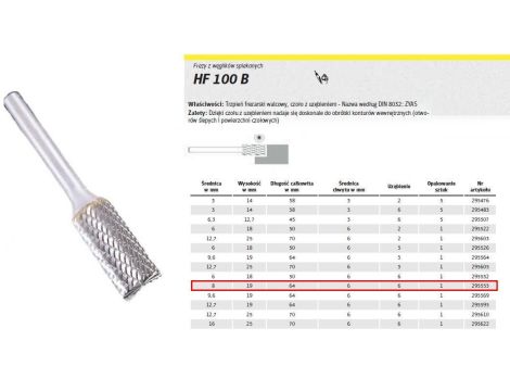 KLINGSPOR FREZ DO METALU HF 100 B FI=8,0x19mm TRZPIEŃ 6mm TYP ZYAS, WALCOWY