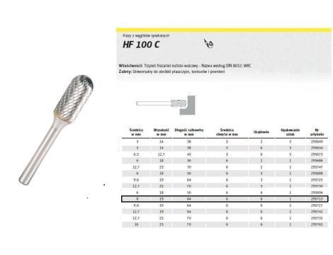 KLINGSPOR FREZ DO METALU HF 100 C FI=8,0x19mm TRZPIEŃ 6mm TYP WRC, WALCOWO-KULISTY - 2