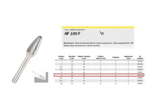 KLINGSPOR FREZ DO METALU HF 100 F FI=8,0x20mm TRZPIEŃ 6mm TYP RBF, HIPERBOLICZNY-POŁOKRĄGŁY