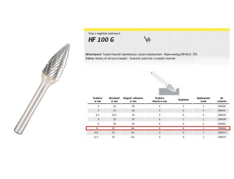 KLINGSPOR FREZ DO METALU HF 100 G FI=8,0x19mm TRZPIEŃ 6mm TYP SPG, HIPERBOLICZNY-SZPIC