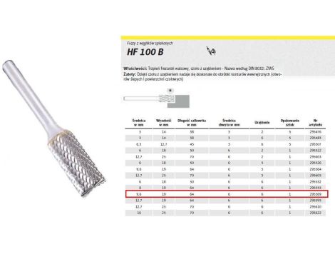 KLINGSPOR FREZ DO METALU HF 100 B FI=9,6x19mm TRZPIEŃ 6mm TYP ZYAS, WALCOWY