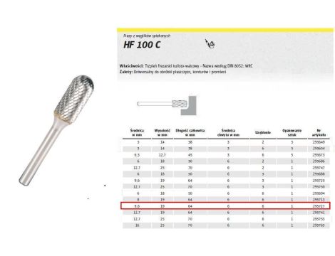 KLINGSPOR FREZ DO METALU HF 100 C FI=9,6x19mm TRZPIEŃ 6mm TYP WRC, WALCOWO-KULISTY - 2