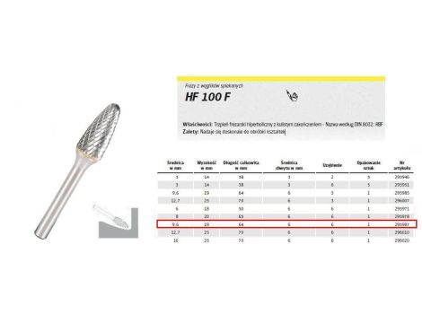 KLINGSPOR FREZ DO METALU HF 100 F FI=9,6x19mm TRZPIEŃ 6mm TYP RBF, HIPERBOLICZNY-POŁOKRĄGŁY