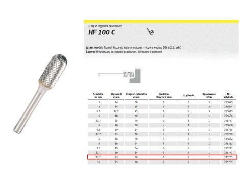 KLINGSPOR FREZ DO METALU HF 100 C FI=12,7x25mm TRZPIEŃ 6mm TYP WRC, WALCOWO-KULISTY - 2