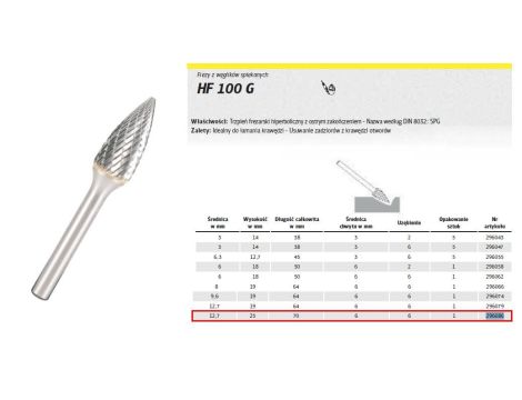KLINGSPOR FREZ DO METALU HF 100 G FI=12,7x25mm TRZPIEŃ 6mm TYP SPG, HIPERBOLICZNY-SZPIC - 2