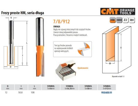 CMT FREZ PROSTY DŁUGI HM D=12 I=50,8 L=108 S=12