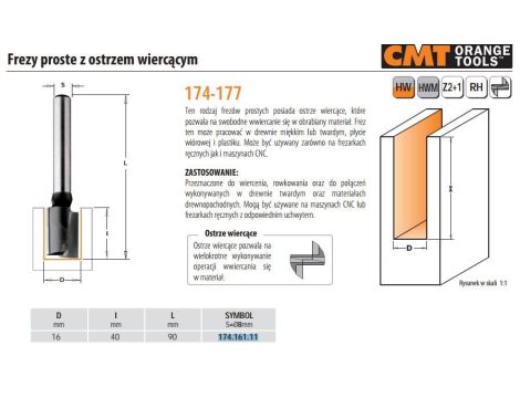 CMT FREZ PROSTY WIERCĄCY HM D=16 I=40 L=90 S=8