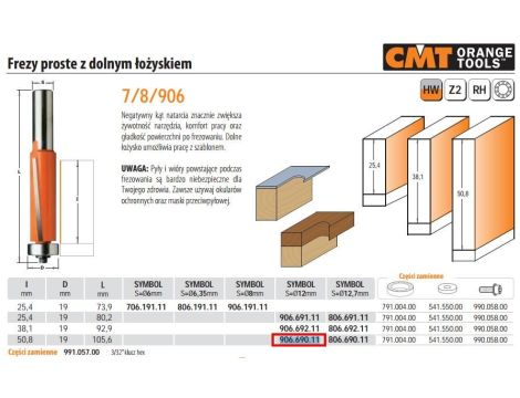 CMT FREZ PROSTY Z ŁOŻYSKIEM DOLNYM HM I=50,8 D=19 S=12%%%