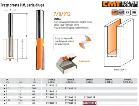 CMT FREZ PROSTY DŁUGI HM D= 8 I=31,7 L=60 S=8
